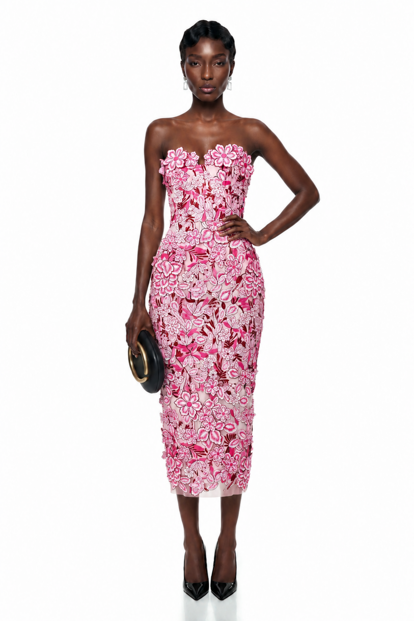 Duygu Pink Off Shoulder Midi Dress with 3D Florals