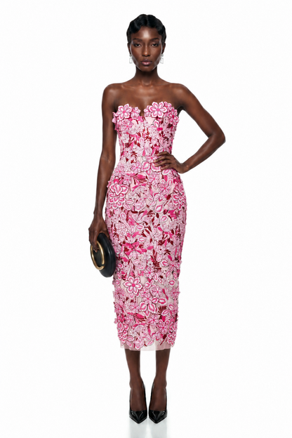 Duygu Pink Off Shoulder Midi Dress with 3D Florals