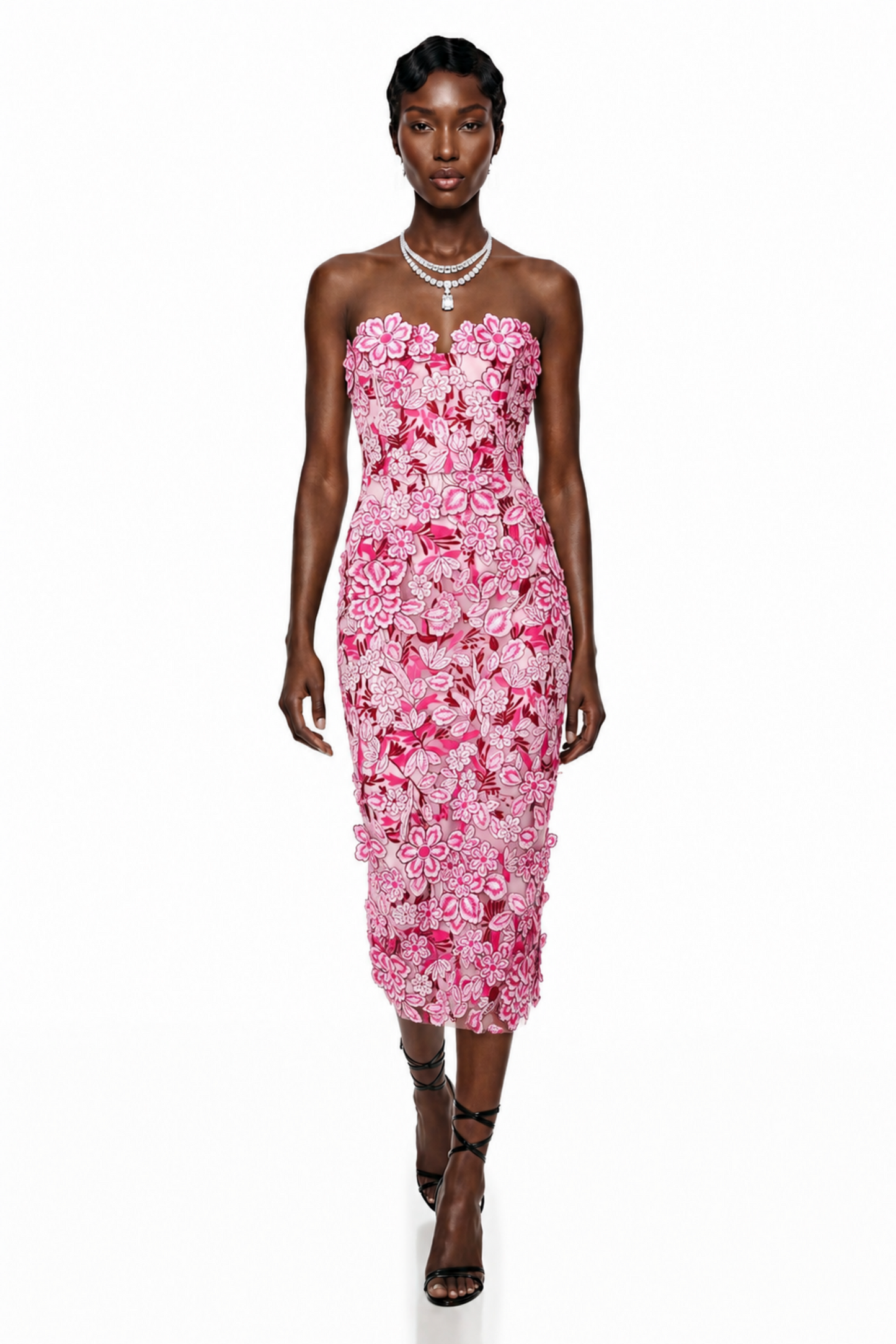 Duygu Pink Off Shoulder Midi Dress with 3D Florals