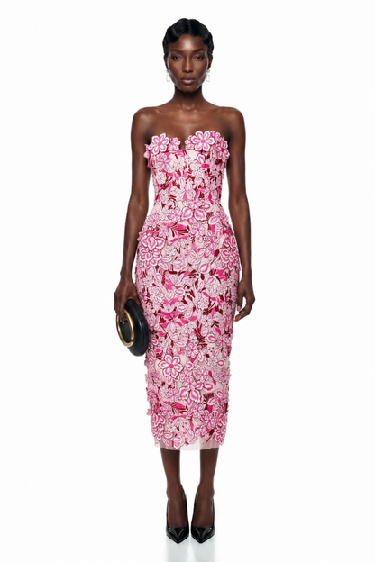 Duygu Pink Off Shoulder Midi Dress with 3D Florals