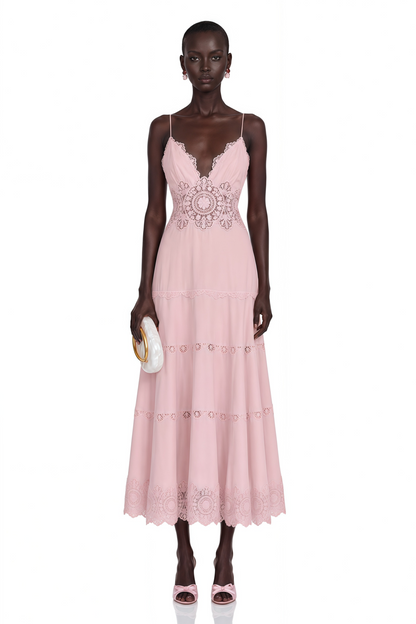 Ecrin Pink Tiered Midi Dress with Lace Panels