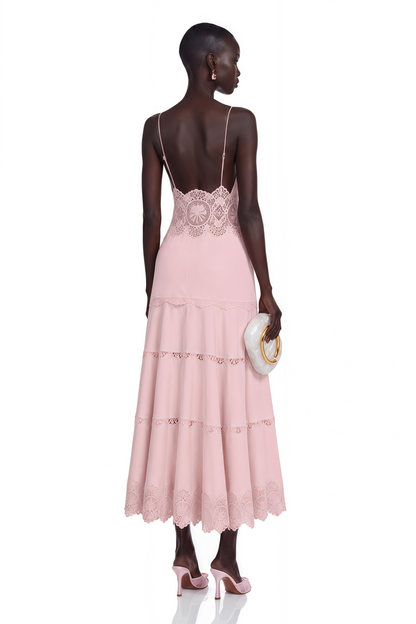 Ecrin Pink Tiered Midi Dress with Lace Panels
