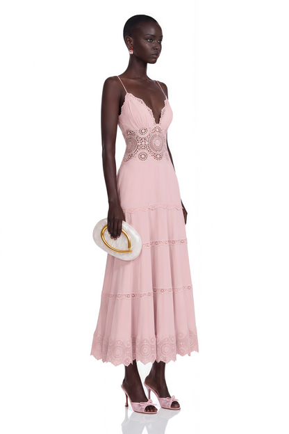 Ecrin Pink Tiered Midi Dress with Lace Panels