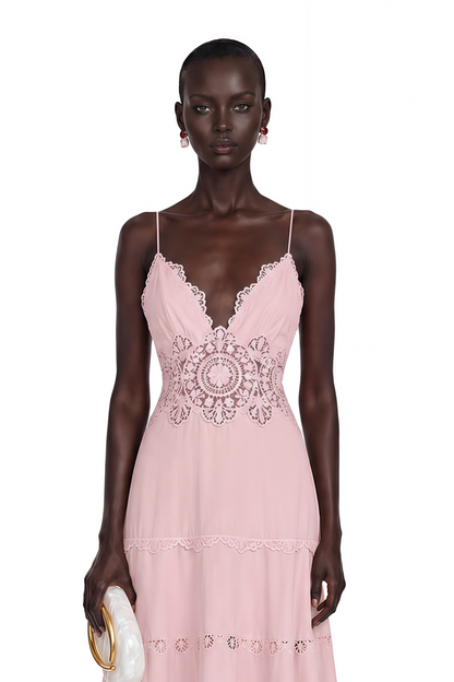 Ecrin Pink Tiered Midi Dress with Lace Panels