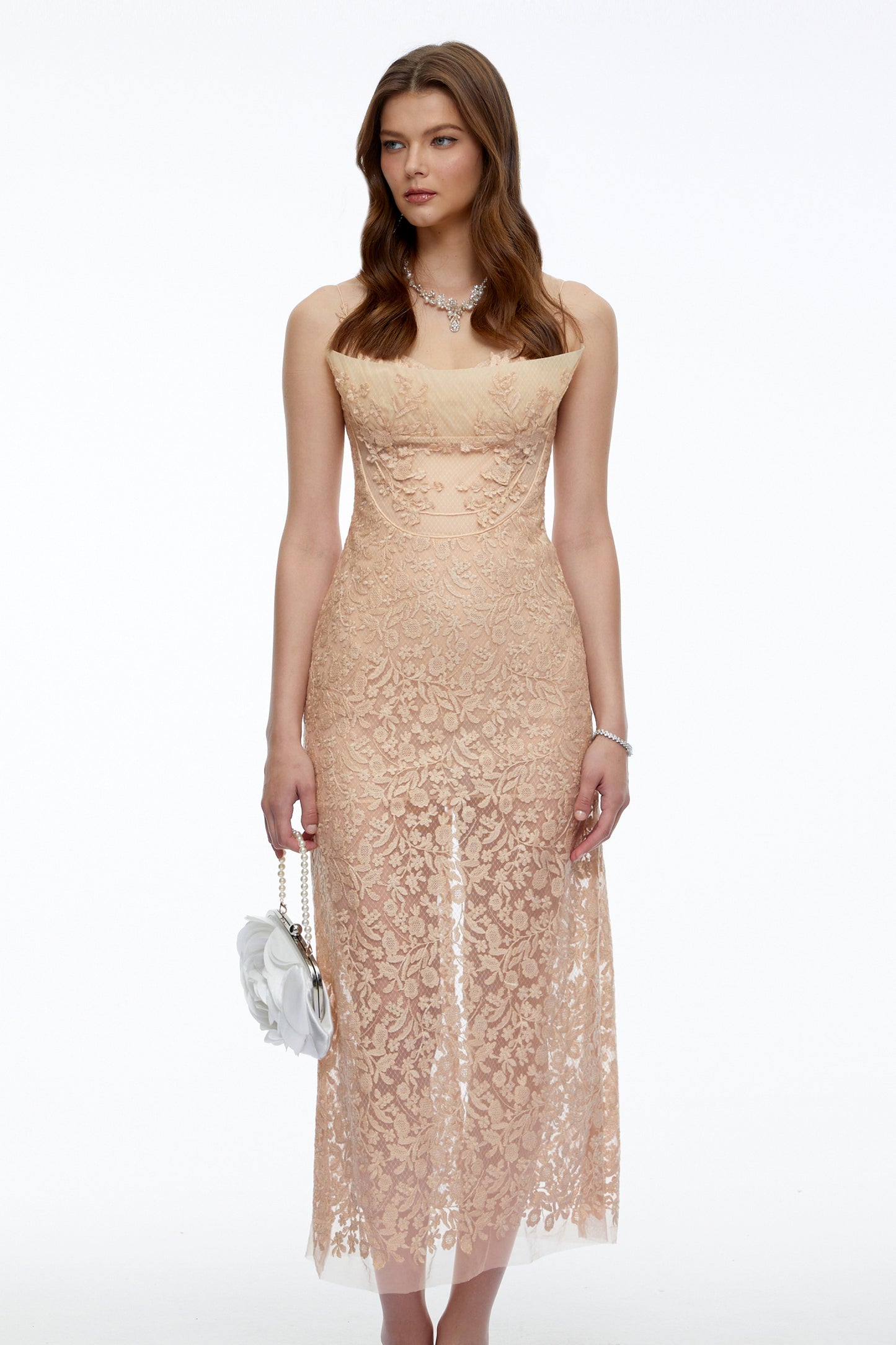 Edith Neutral Floral Lace Midi Dress