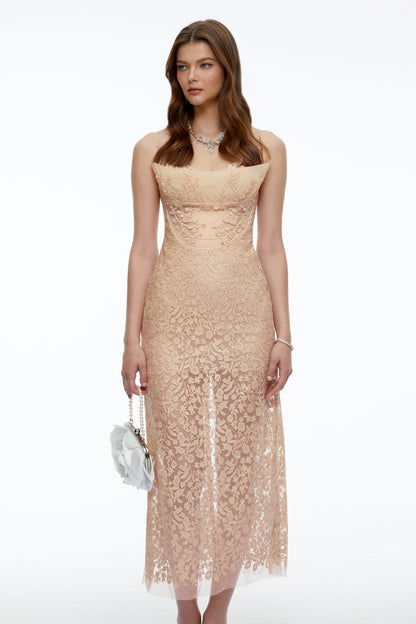 Edith Neutral Floral Lace Midi Dress