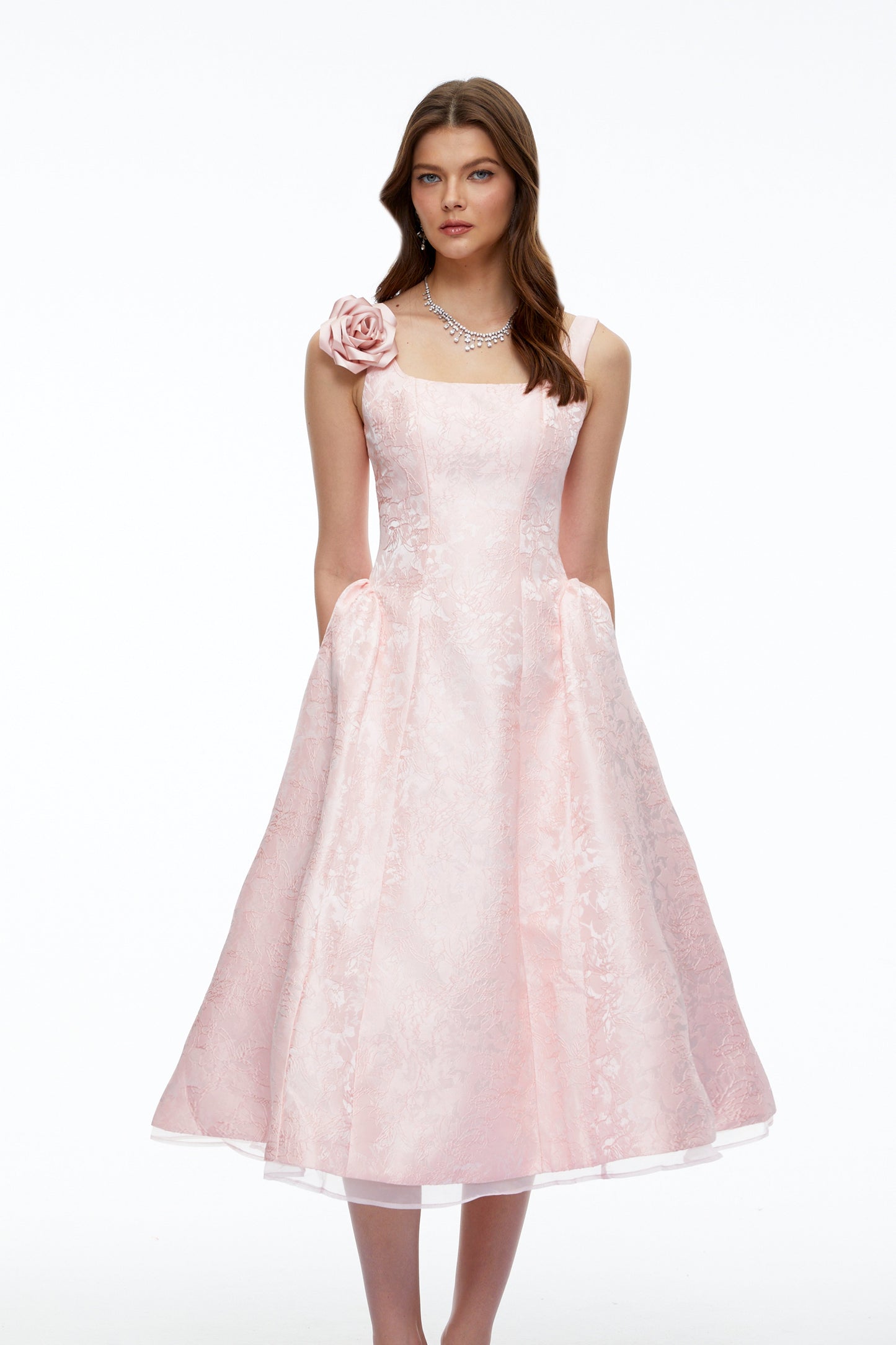Edwina Pink Square Neck Floral Midi Dress
