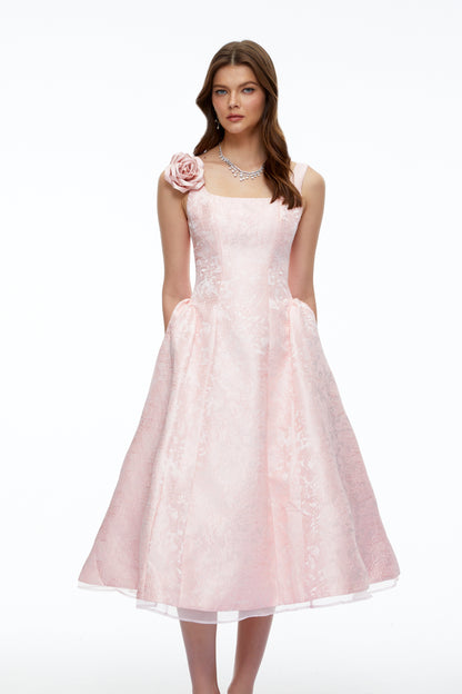 Edwina Pink Square Neck Floral Midi Dress