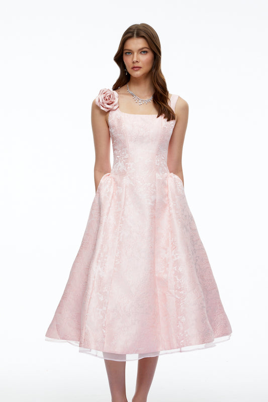 Edwina Pink Square Neck Floral Midi Dress