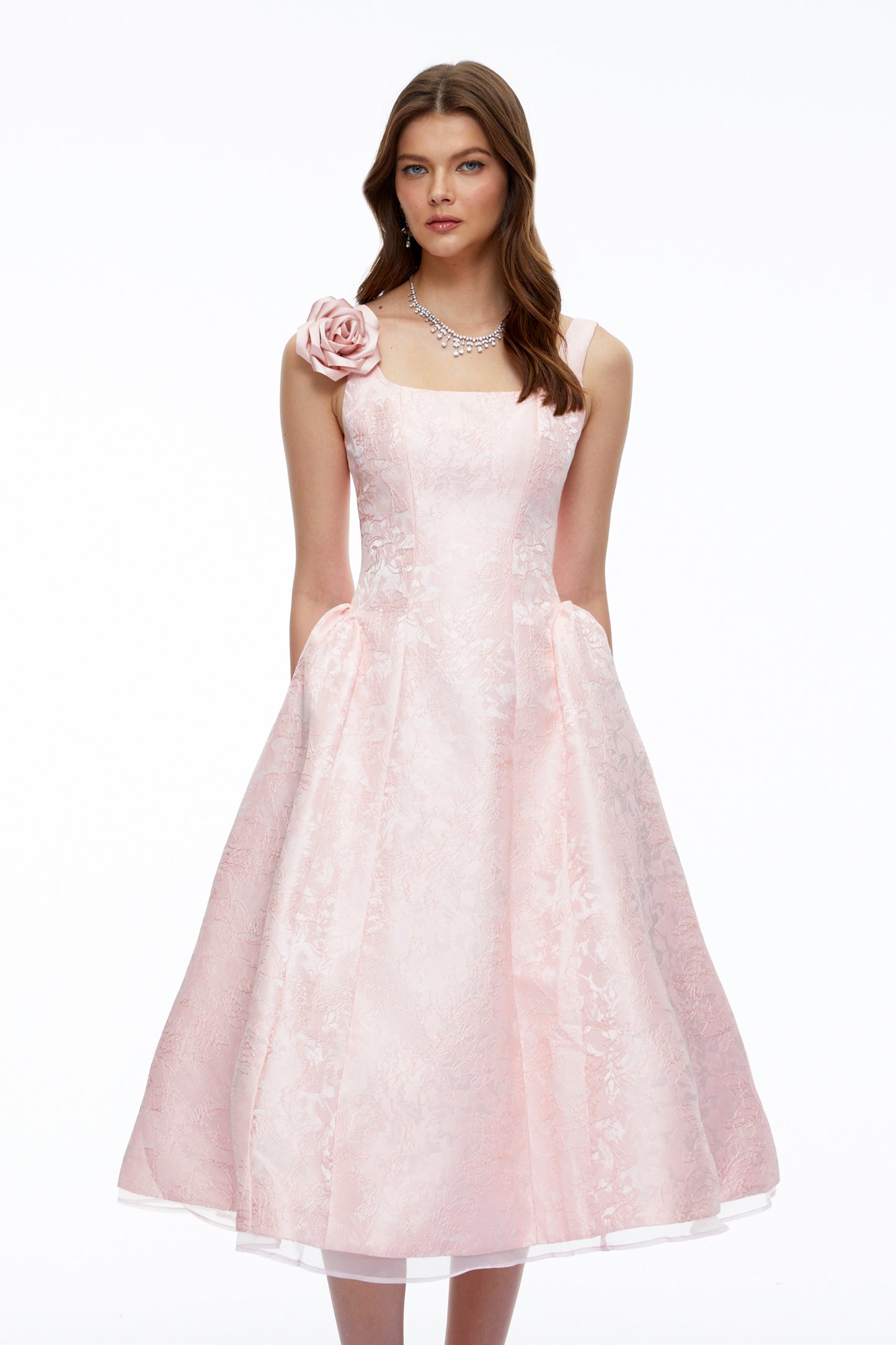Edwina Pink Square Neck Floral Midi Dress