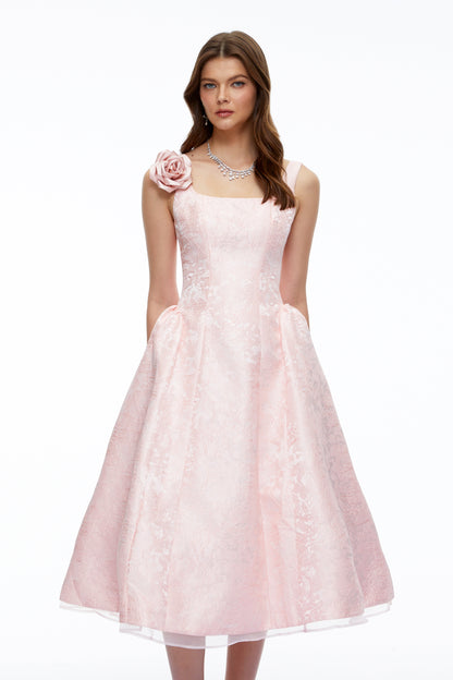 Edwina Pink Square Neck Floral Midi Dress