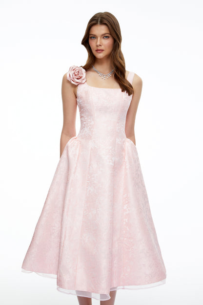 Edwina Pink Square Neck Floral Midi Dress