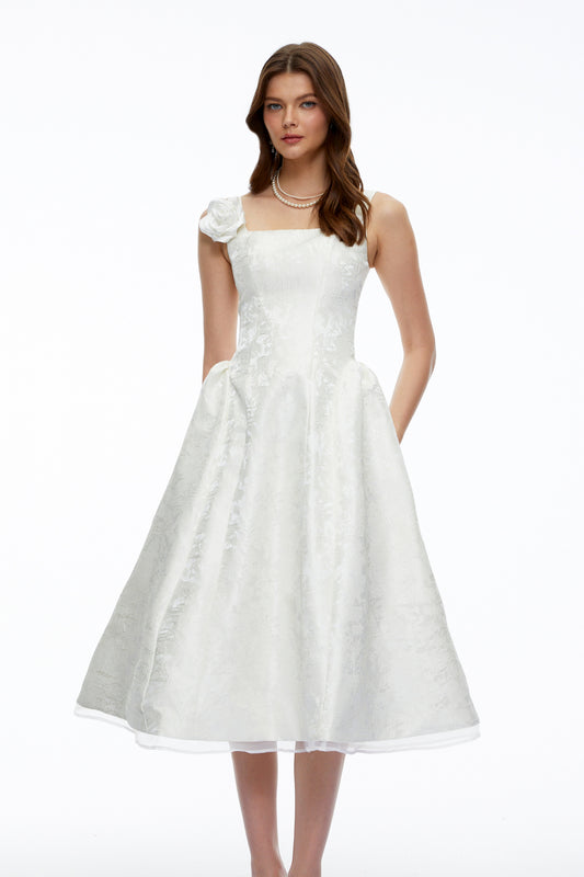 Edwina White Square Neck Floral Midi Dress
