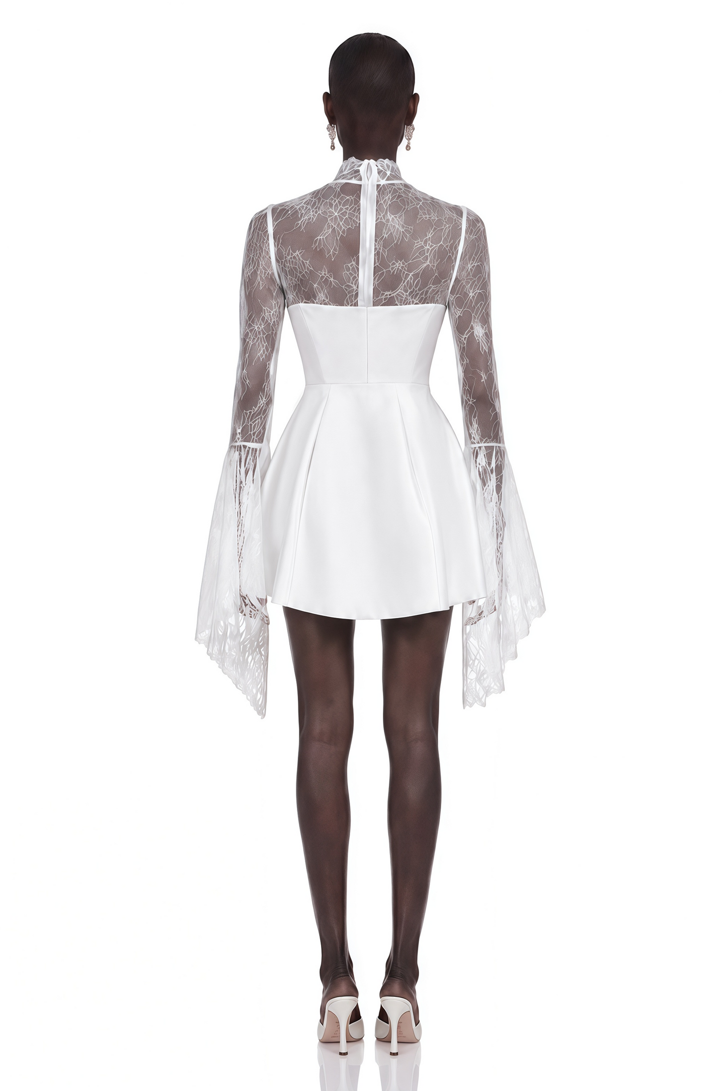 Eevi White Turtleneck Ruched Mini Dress with Lace Panels