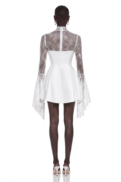 Eevi White Turtleneck Ruched Mini Dress with Lace Panels