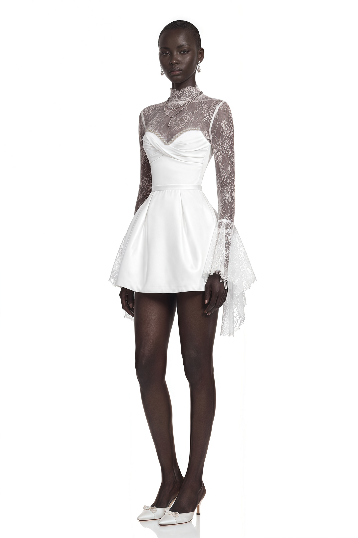 Eevi White Turtleneck Ruched Mini Dress with Lace Panels
