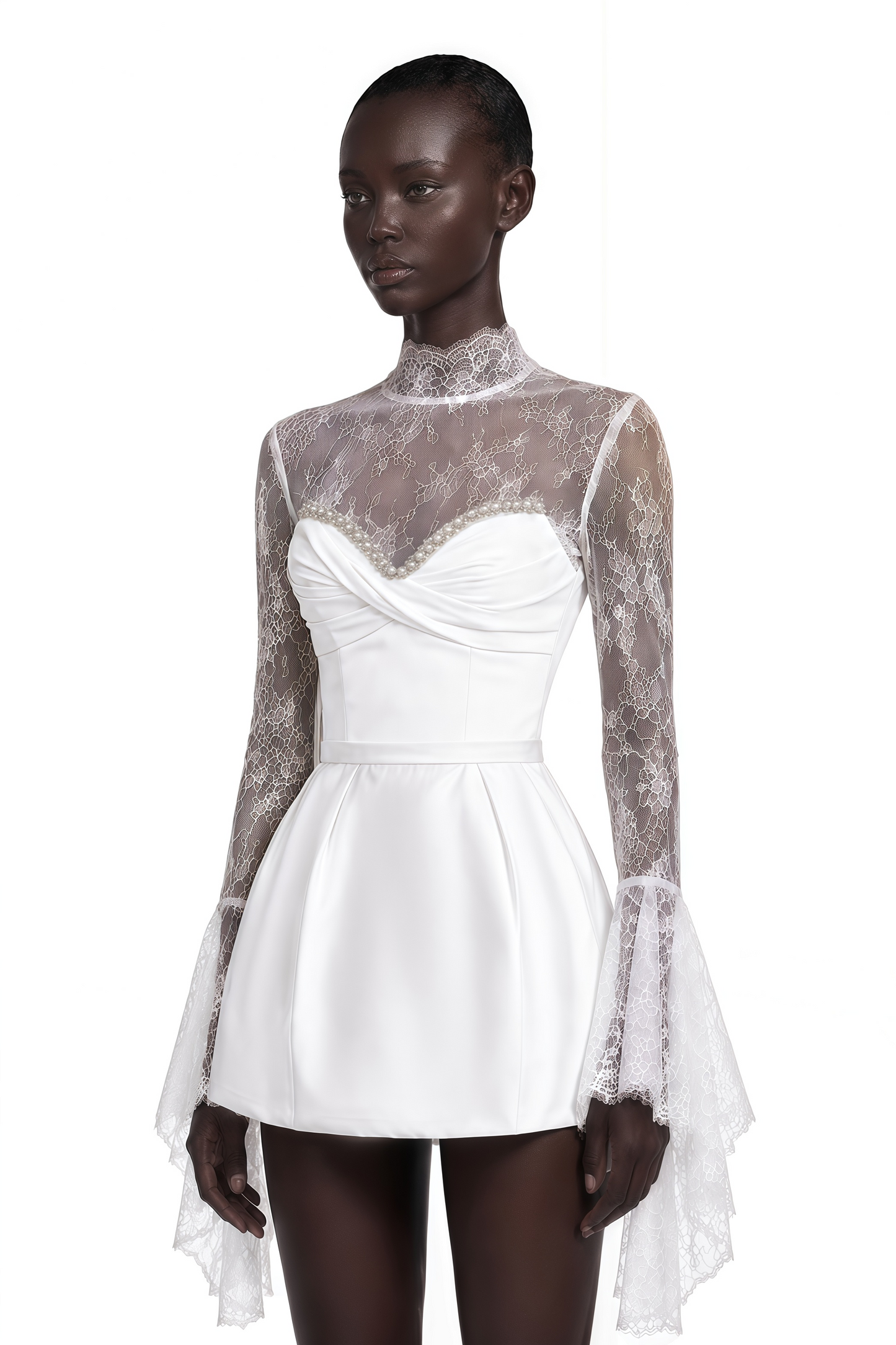 Eevi White Turtleneck Ruched Mini Dress with Lace Panels