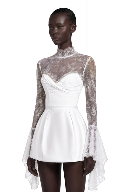 Eevi White Turtleneck Ruched Mini Dress with Lace Panels