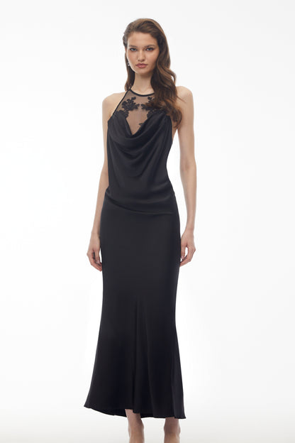 Eila Black Semi-Sheer Draped Maxi Dress