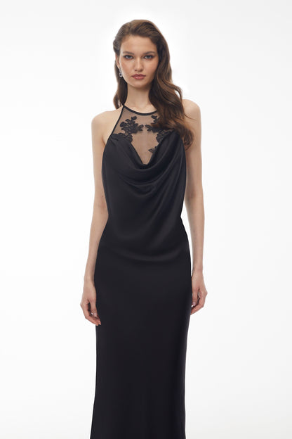 Eila Black Semi-Sheer Draped Maxi Dress