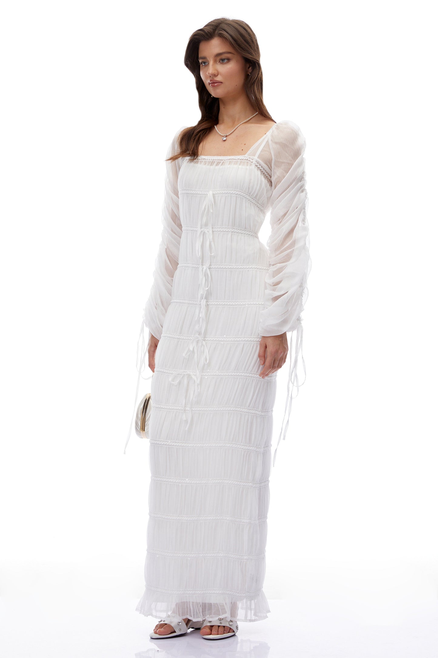 Eileen White Puff Sleeves Ruched Maxi Dress