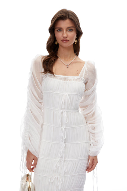 Eileen White Puff Sleeves Ruched Maxi Dress