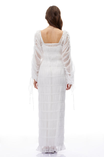 Eileen White Puff Sleeves Ruched Maxi Dress