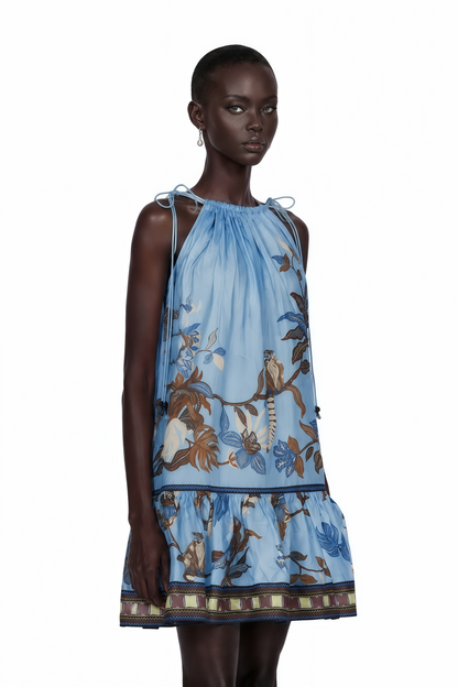 Eirlys Blue Tropical Bird Printed Ruched Mini Dress