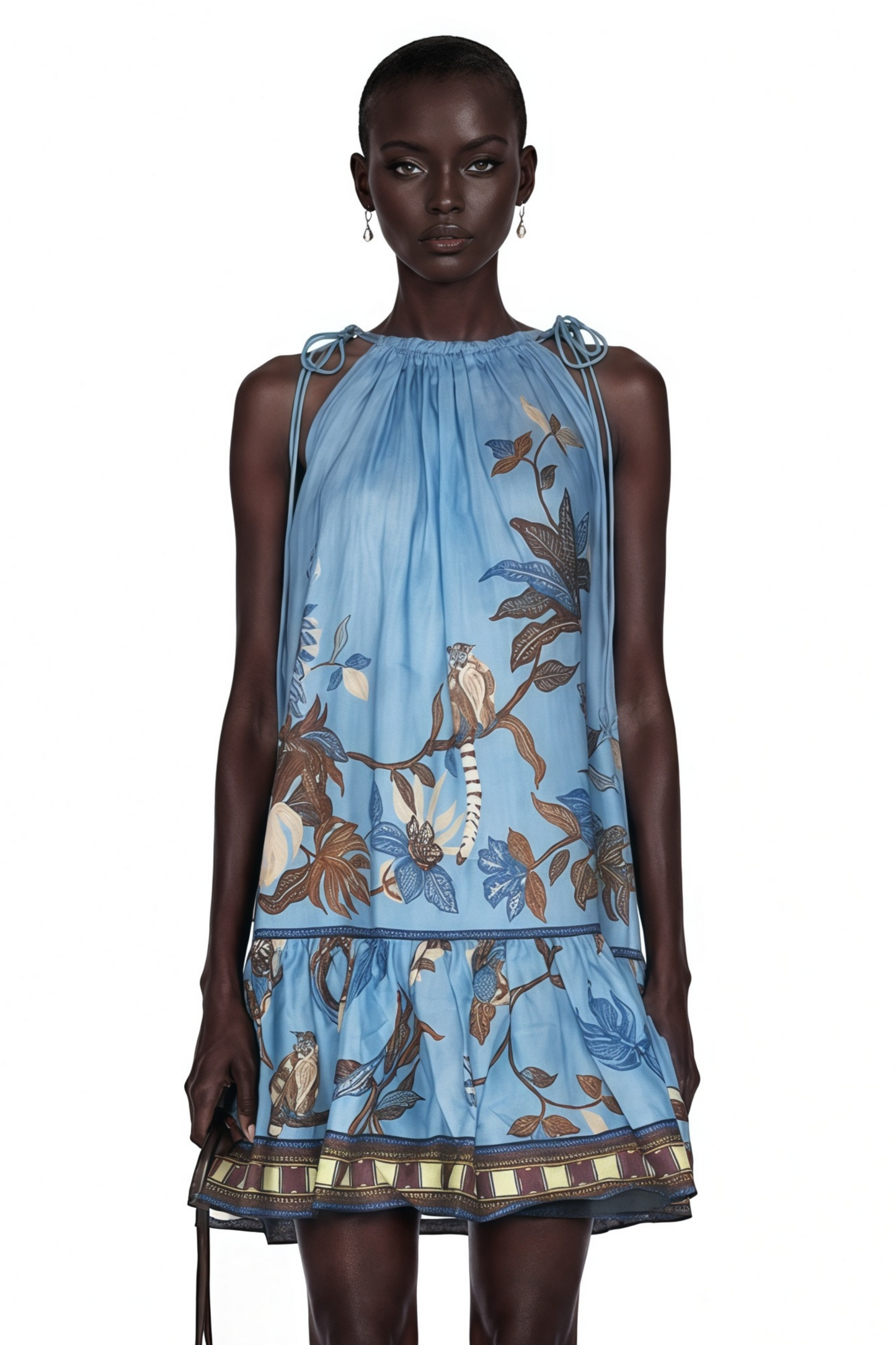 Eirlys Blue Tropical Bird Printed Ruched Mini Dress
