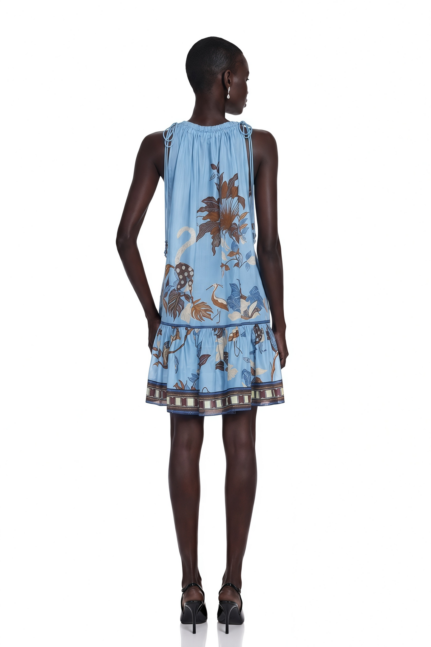 Eirlys Blue Tropical Bird Printed Ruched Mini Dress