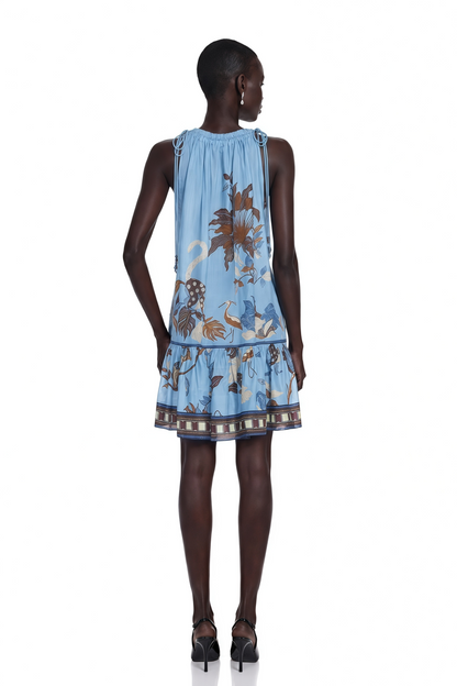 Eirlys Blue Tropical Bird Printed Ruched Mini Dress