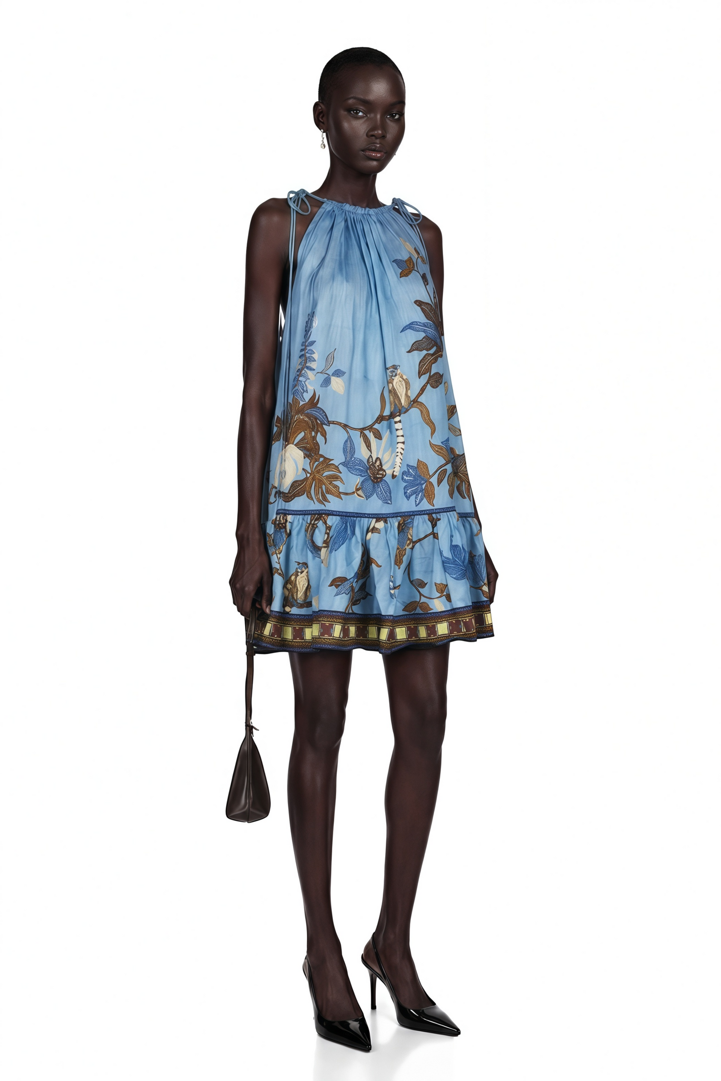 Eirlys Blue Tropical Bird Printed Ruched Mini Dress