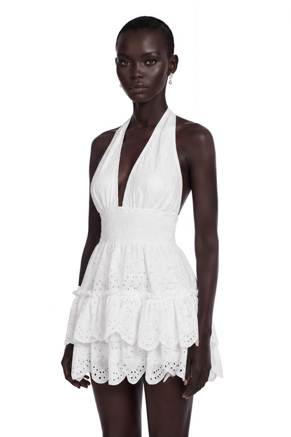 Eirlys White Eyelet Lace Halterneck Mini Dress