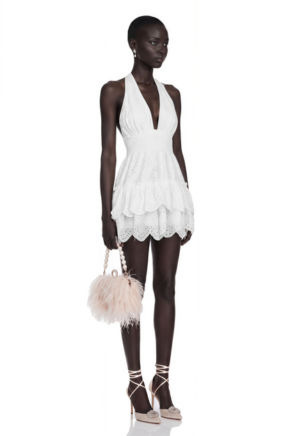 Eirlys White Eyelet Lace Halterneck Mini Dress