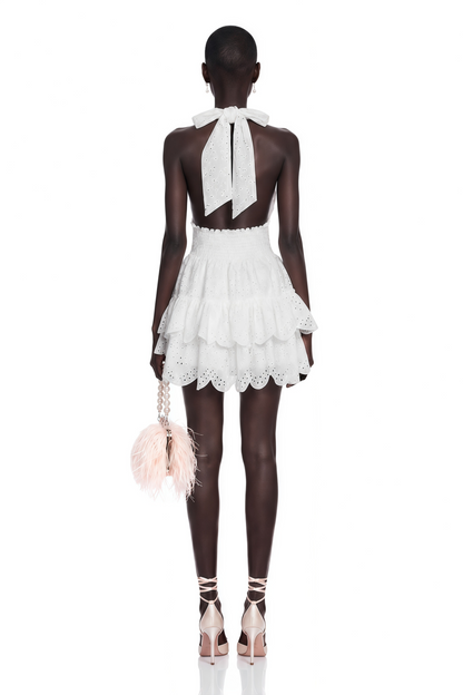 Eirlys White Eyelet Lace Halterneck Mini Dress