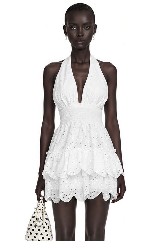 Eirlys White Eyelet Lace Halterneck Mini Dress