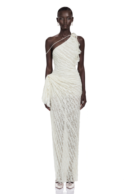 Ekaterina White One Shoulder Floral Lace Maxi Dress
