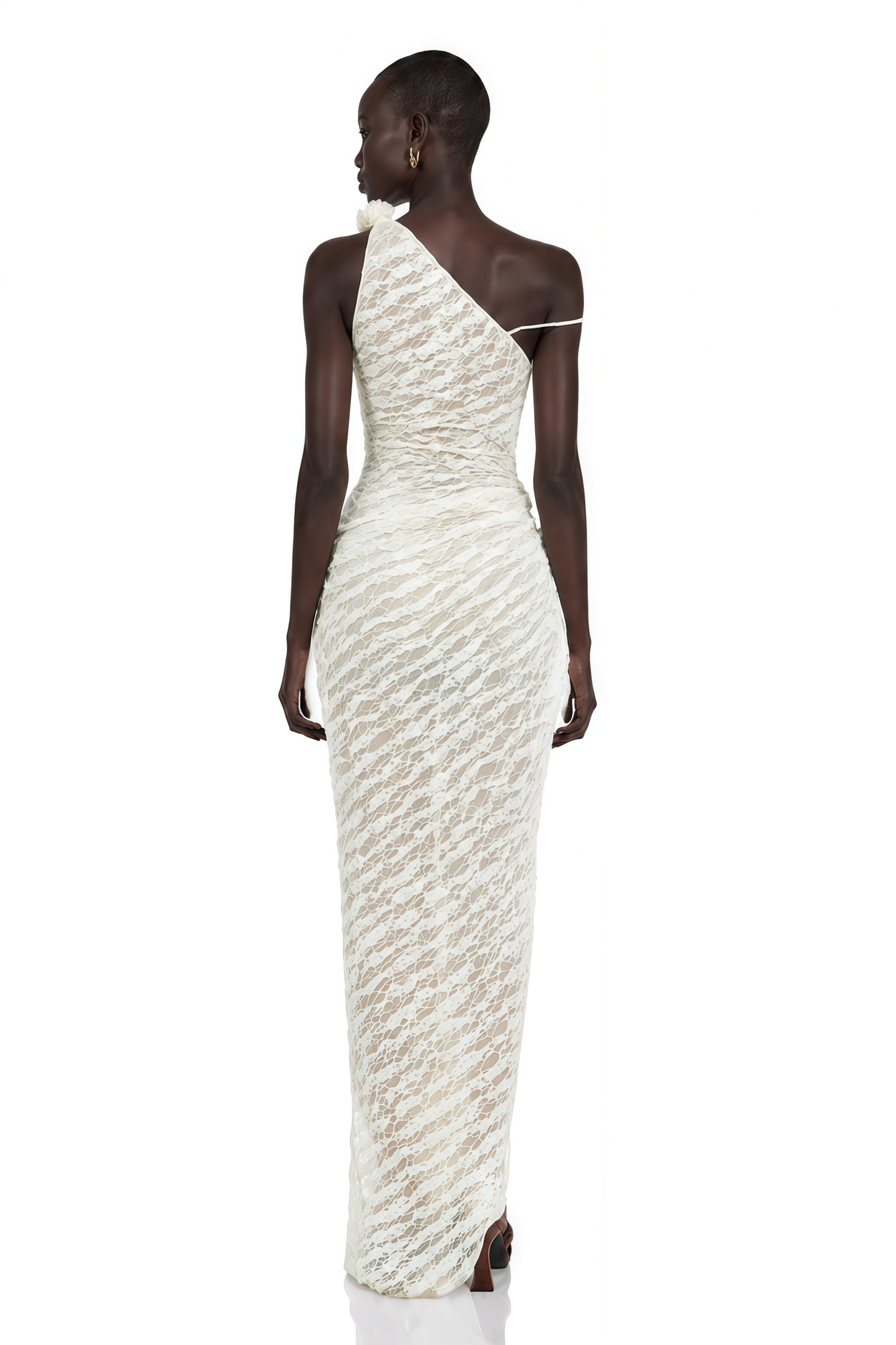 Ekaterina White One Shoulder Floral Lace Maxi Dress