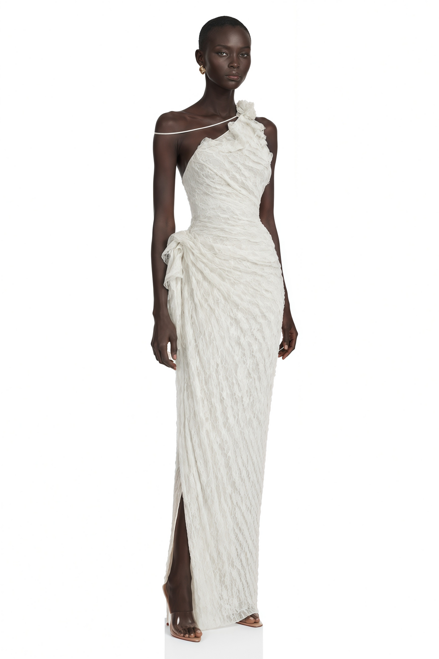 Ekaterina White One Shoulder Floral Lace Maxi Dress