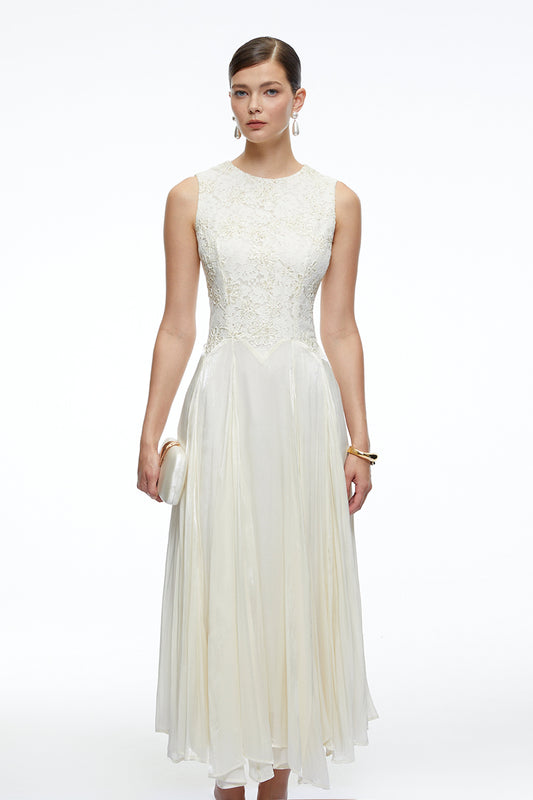 Elara White Sleeveless Round Neck Lace Midi Dress