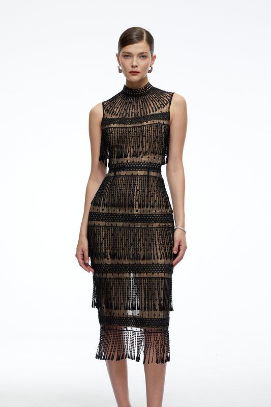 Eleanor Black Crochet High Neck Midi Dress With Fringe