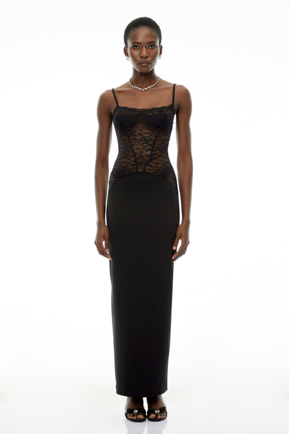 Eleanor Black Sweetheart Lace Panel Maxi Dress