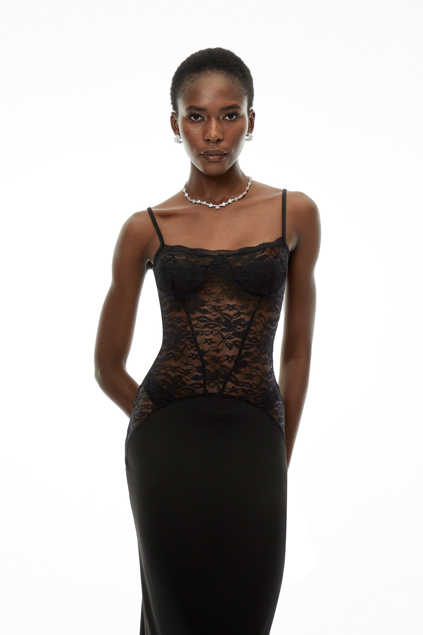 Eleanor Black Sweetheart Lace Panel Maxi Dress