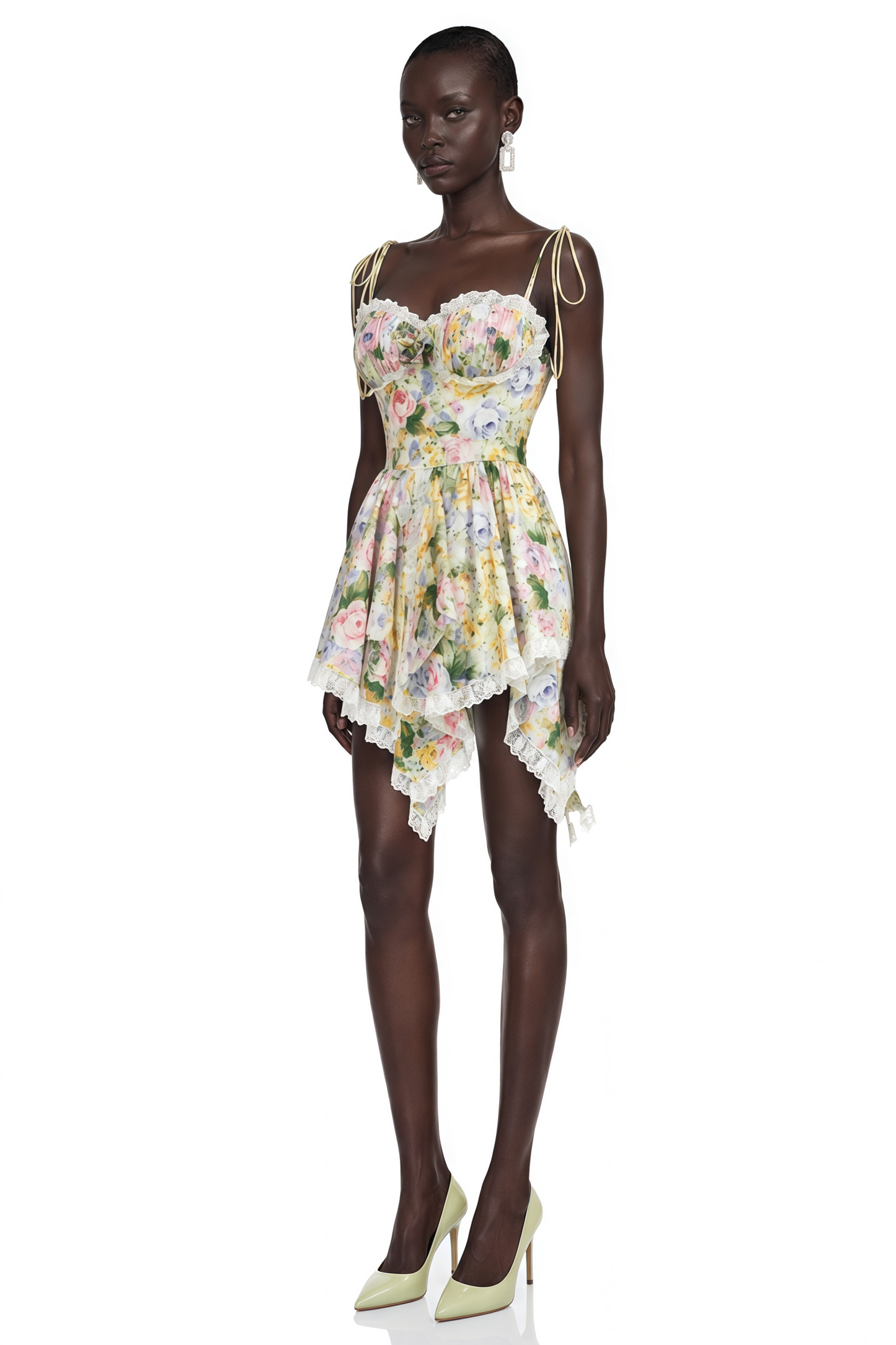 Eleanor Green Floral Print Mini Dress with Spaghetti Straps