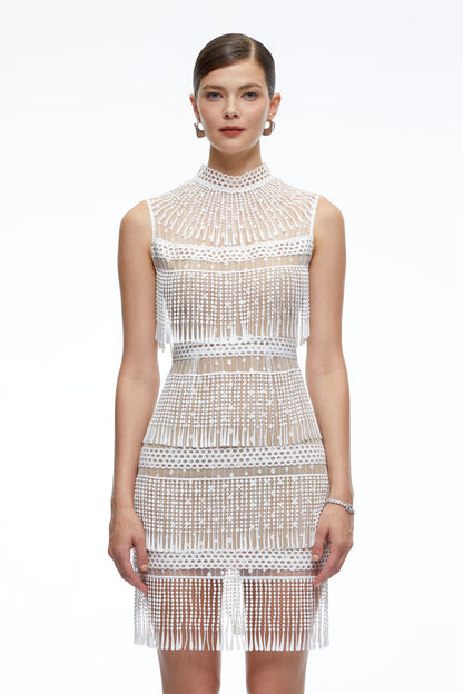 Eleanor White Crochet High Neck Mini Dress With Fringe