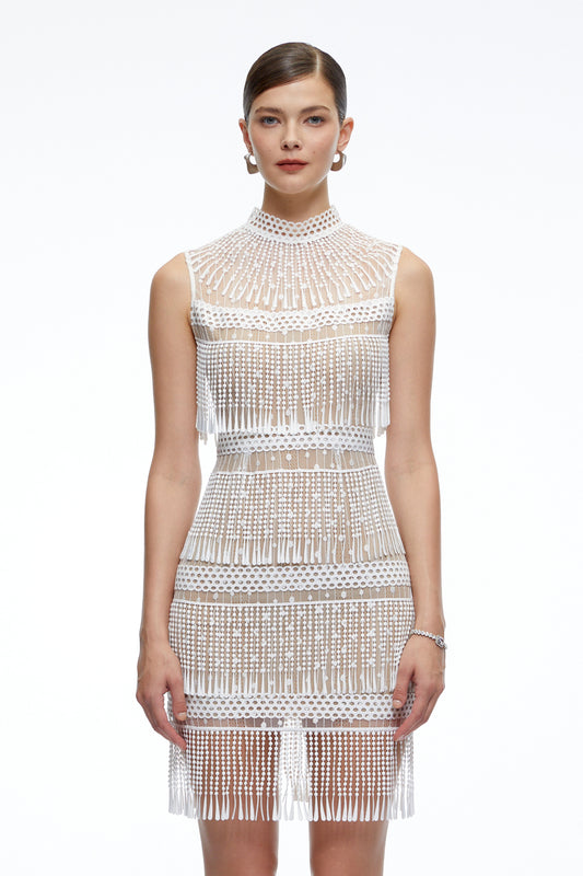 Eleanor White Crochet High Neck Mini Dress With Fringe