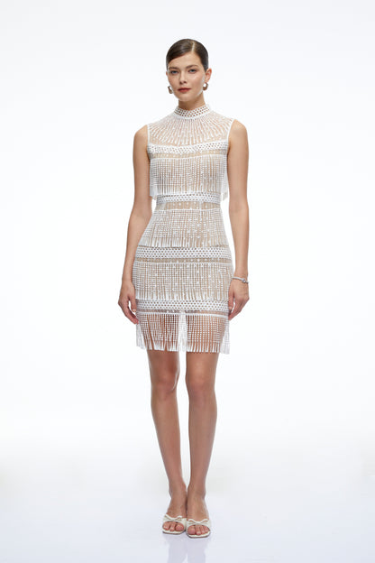 Eleanor White Crochet High Neck Mini Dress With Fringe