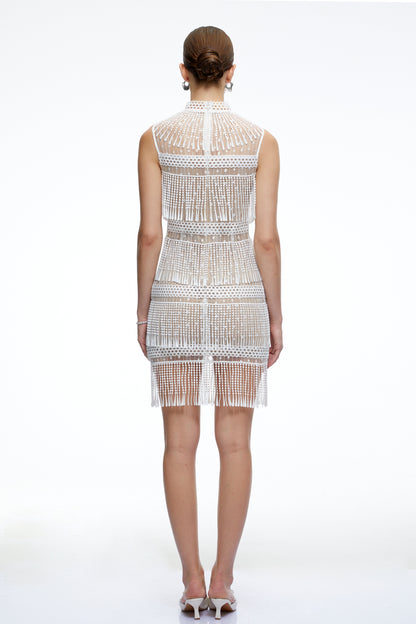 Eleanor White Crochet High Neck Mini Dress With Fringe