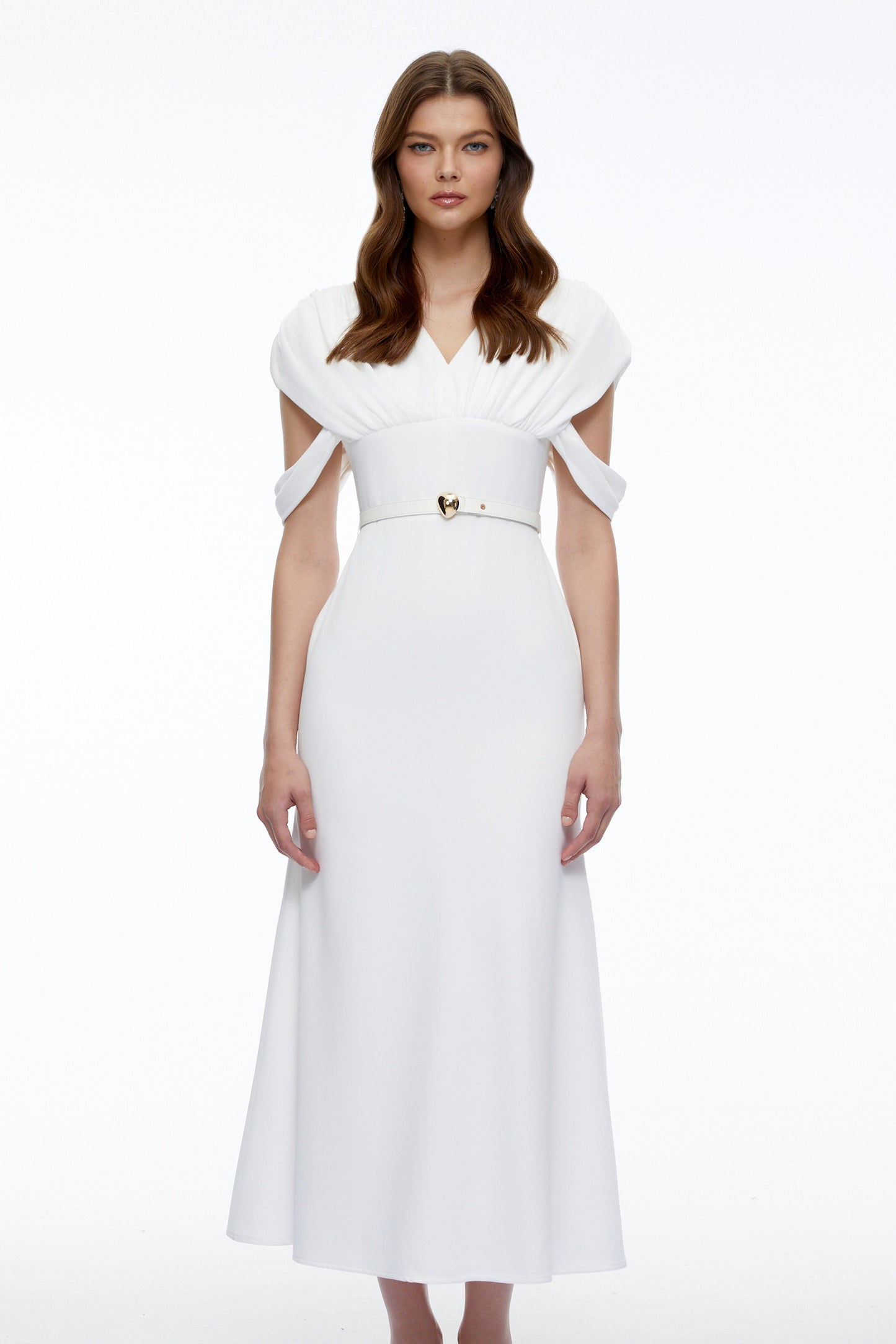 Eleanor White V-Neck Midi Dress with Cape Sleeves