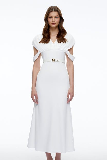 Eleanor White V-Neck Midi Dress with Cape Sleeves